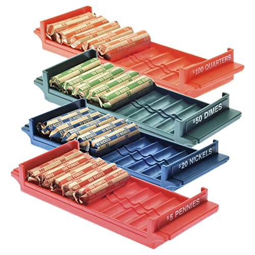 Nadex Rolled Coin Storage Organizer Tray Set with Ridges for Loose Coins | Quarters, Dimes, Nickles, and Penny Color Coded Trays