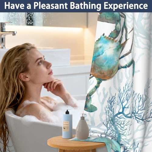 Nautical Coastal No Hook Shower Curtain and Liner Set, Waterproof Fabric Hotel Style Shower Curtain with Mesh Top Window and Weighted Hem, Blue Ocean Crab Coral Theme Bathroom Curtains, 71x74 Inch by TQUQOBU - Used condition - Image 7