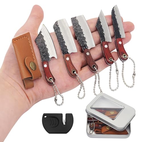 JAEZZIY Mini Knife Set Pocket Knife with Sharpener Tiny knife Cleaver Keychain Tiny Things for Package Opener Box Cutter Letter Opener - Set of 5