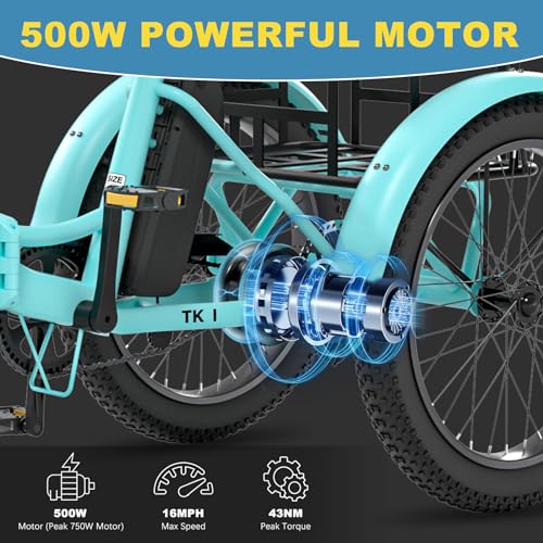 NAIZEA Electric Trike, 20'' Fat Tire Electric Tricycle for Adults, 48V 500W Folding Electric Bike, 3 Wheels Electric Bikes for Adults, Electric Tricycle, Motorized Ebike, Battery Ebike