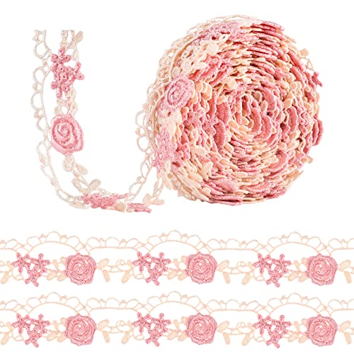 QXUJI 4 Yards Pink Flower Lace Trim Ribbon, Embroidered Sewing Lace, for Wedding Applique Decorations, DIY Crafts, Clothing, 0.98 Inch Wide Cover