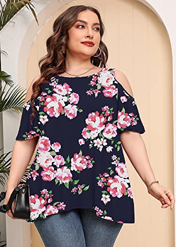 Auslook Plus Size Women Tops Short Sleeve Cold Shoulder Blouse Christmas Floral Pink 2X Clothing Crewneck Maternity Clothes Summer Loose Fitting Shirts #TOP3