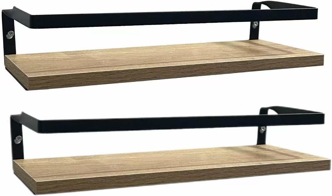 OXAMAFIT 壁掛け棚、天然木製、保護カバー付き、キッチントレイ壁掛けラック、収納、アイアン装飾ラック、2点セット/2個 (ナチ