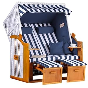 MR. DEKO Strandkorb Ostsee Volllieger 2-Sitzer | PE Geflecht Weiß Bezug Uni blau | inkl. 4 Kissen & Klapptisch | Strandstuhl verstellbar | Strandkörbe aus Hartholz mit Fußablage (Dessin Blau Weiss)