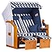 Produktbild MR. DEKO® Strandkorb Ostsee Volllieger 2-Sitzer | PE Geflecht Weiß Bezug Uni blau | inkl. 4 Kissen & Klapptisch | Strandstuhl verstellbar | Strandkörbe aus Hartholz mit Fußablage (Dessin Blau Weiss)