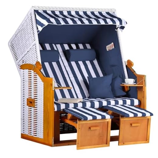 MR. DEKO Strandkorb Ostsee Volllieger 2-Sitzer | PE Geflecht Weiß Bezug Uni blau | inkl. 4 Kissen & Klapptisch | Strandstuhl verstellbar | Strandkörbe aus Hartholz mit Fußablage (Dessin Blau Weiss)