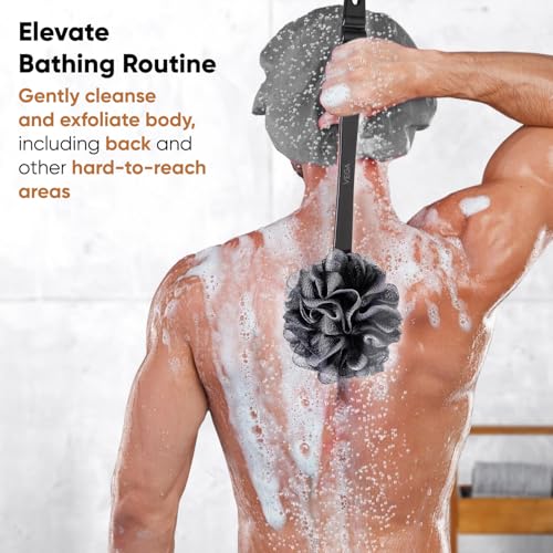 Image of Vega Luxury Black Bath Brush with Long Handle | Ultra Soft & Firm Bristles | Body Scrubber for Dead Skin Removal, Back & Full Body Cleaning | Exfoliating Back Bath Brush for Men & Women (BA-1 /8)