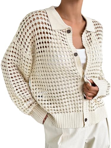 QWINEE Women's Crochet Cardigan Sweater Lightweight Cardigan Hollow Out Sweater Long Sleeve Button Down Knit Top4