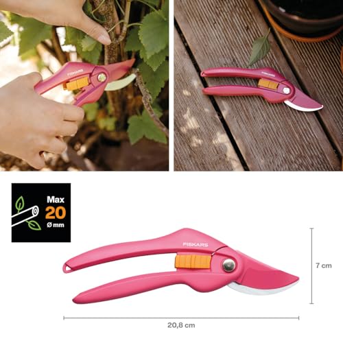 Fiskars Inspiration Bypass-Gartenschere Ruby für frische Äste und Zweige, Länge 20 cm, Karbonstahl/Antihaftbeschichtet, Pink/Orange, P26… – Ansicht 2