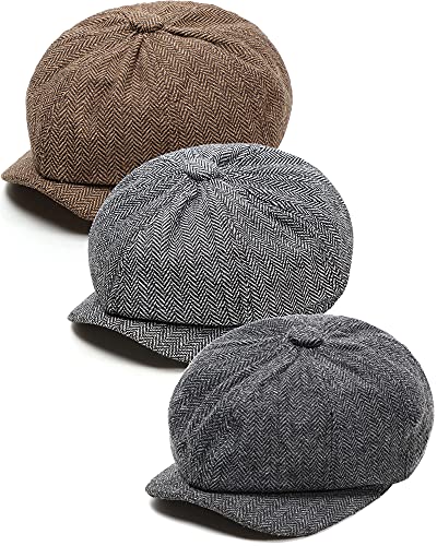 SATINIOR 3 Pieces Classic Newsboy Flat Cap Tweed Flat Beret Cabbie Hat Newsboy Ivy Hat for Men Boys, Gray, Black, Brown, One Size