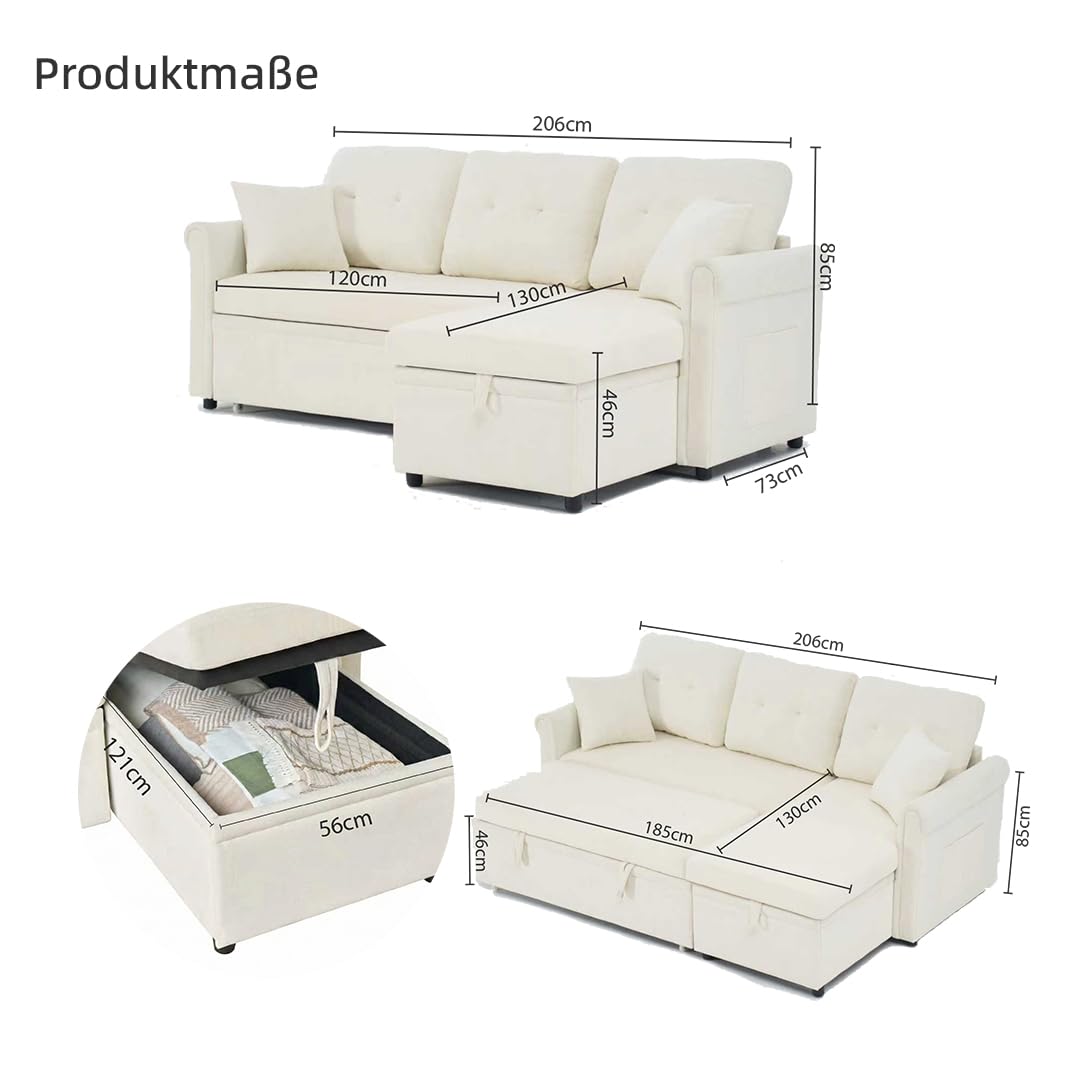 Sofa narożna z funkcją spania i skrzynią na pościel, szenilowa beżowa, 206 x 130 x 85 cm