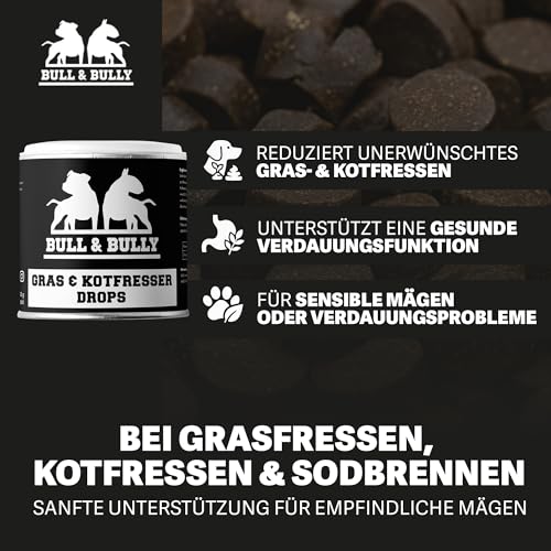 BULL & BULLY – Gras und Kotfresser Drops Hund 350 g (150 Drops) – Gesunde Hundeleckerli gegen Gras- & Kotfressen – Leckerlis Hund zur Unterstützung von Magen & Darm – Anti-Kotfresser Leckerli Hund