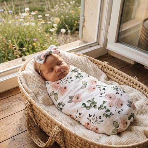Image of Floral Receiving Blankets for Baby Girls Swaddle Blanket with Headband Set