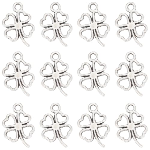 SUNNYCLUE 1 Box 150 Pieces Tibetan Style St. Patrick's Day Pendants Antique Silver Four Leaf Clover Hollow Double Sided 4 Leaves Irish Clover Leaves Lucky Charm
