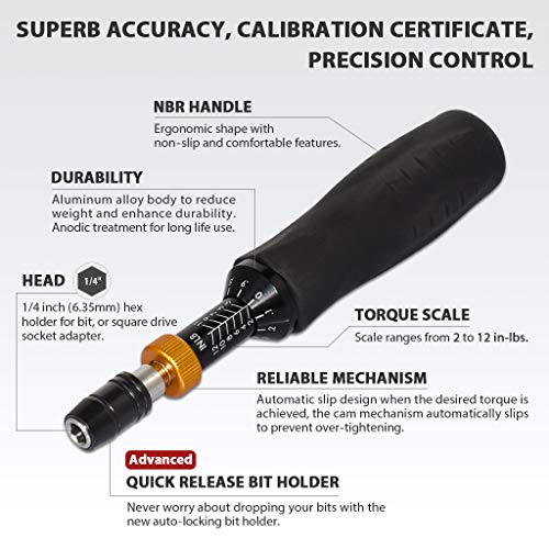Image of FIRSTINFO H51832 Precision Certified Limited /Limiting Torque Screwdriver 2-12 in-lbs with 1 /4 Inch Universal Hex Bit Holder Quick Release Design
