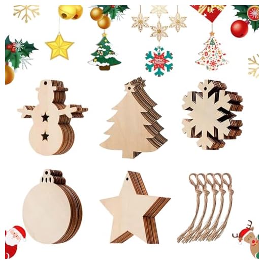Anyasen 60pcs Deco Noel Bois Decoration Sapin Bois Noël Bois Puce Arbre Ornements Noël Pendaison Décoration en Bois Ornements Bricolage Puce de Bois Pendentif avec Corde pour Decorations de Noel