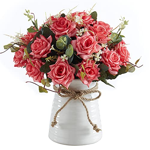 YILIYAJIA Artificial Flowers,Faux Flowers in Vase Decor, Silk Rose Flower Arrangements Fake Bouquets with Ceramics Vase Table Centerpieces Living Dinning Coffee Table Room Kitchen