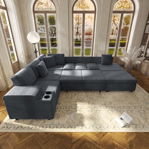 Image of KEIKI 110 inch L-Shaped Oversized Plush Corduroy Modular Sectional Sofa with Pull-Out Bed, Convertible 6-Seater Sleeper Couch Bed with 1 Ottomans & USB & Cup Holders, Easy Assembly, for Living Room, Gray