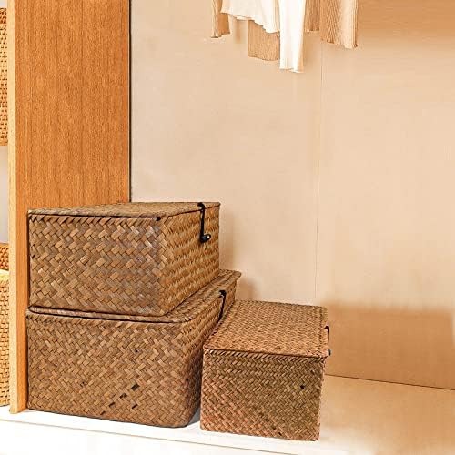 Esoes Wicker Storage Basket Woven Rattan Storage Box With Lids Seagrass Laundry Baskets Makeup Organizer For Bathroom, Living Room, Kitchen (S+M+L)