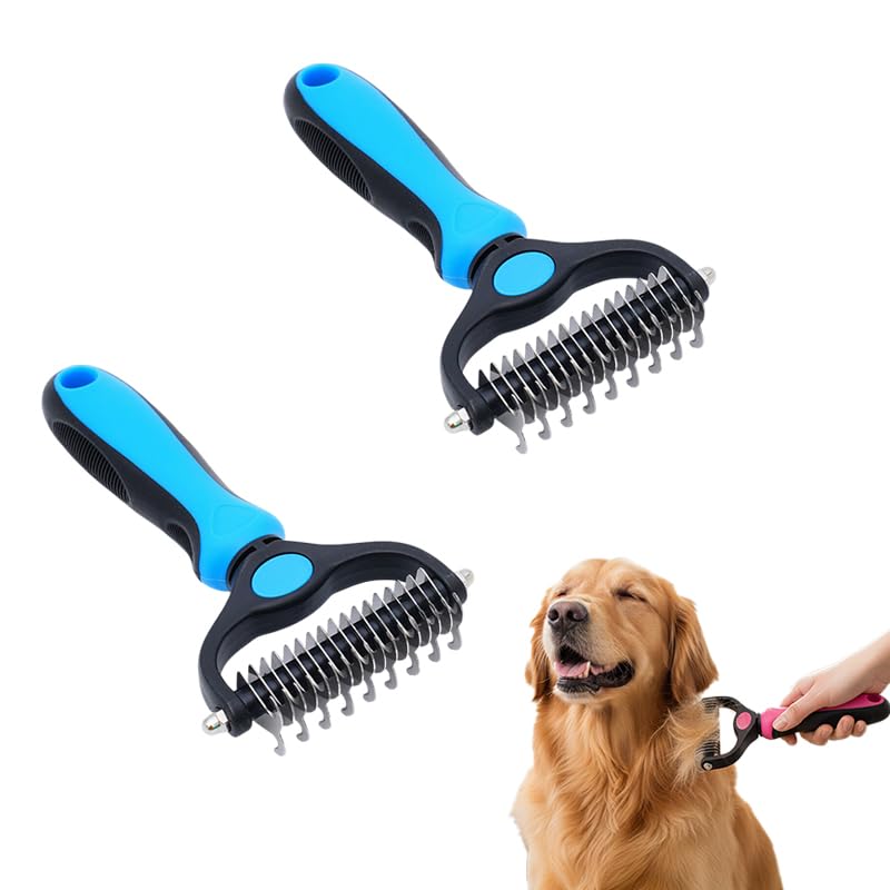 Pet Grooming Tool, Double Sided Deshedding Brush Dematting Rake, Stainless Steel Grooming Comb for Dogs & Cats, Undercoat Rake for Removing Loose Fur, Tangles and Knots (Blue-L, 2 Pack)