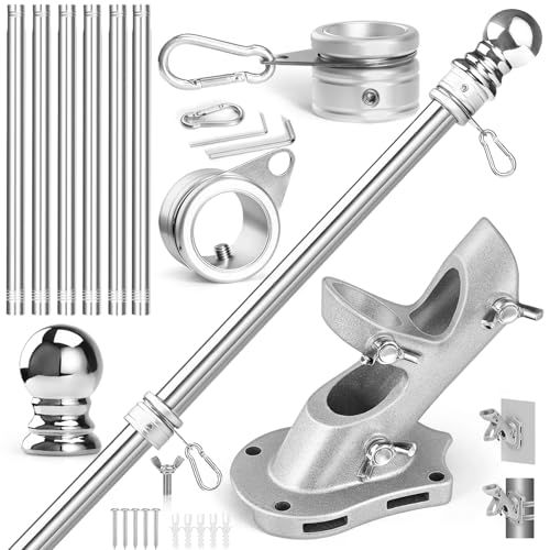Anovo Flag Pole Kit- Upgraded Holder Stainless Steel 7 FT Flag Poles with1 Inch Metal 360 Rotating Flag Pole Rings Two-Position Flag Pole Bracket Mounting for Outside House Porch(7 FT - Sliver)