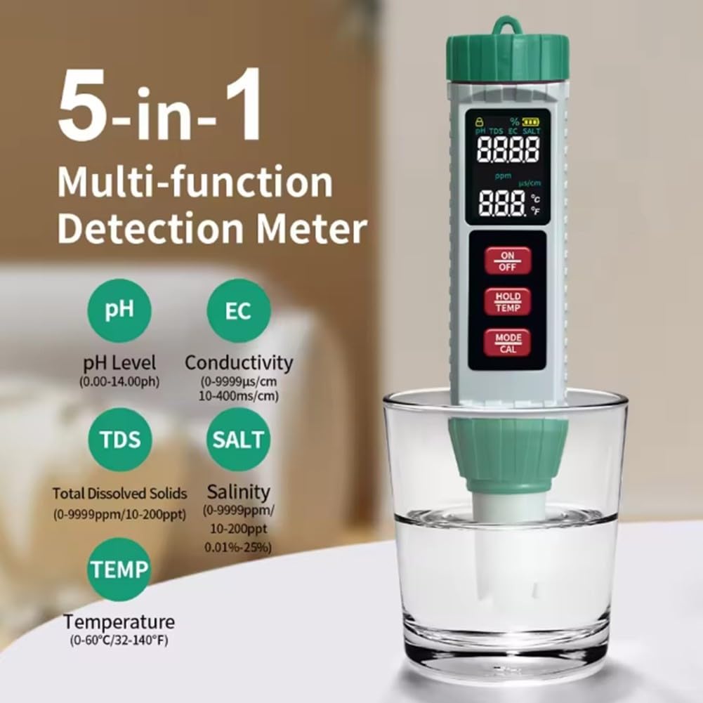 Testeur Qualité Eau 5-en-1 pH Température Écran LCD Testeur Qualité