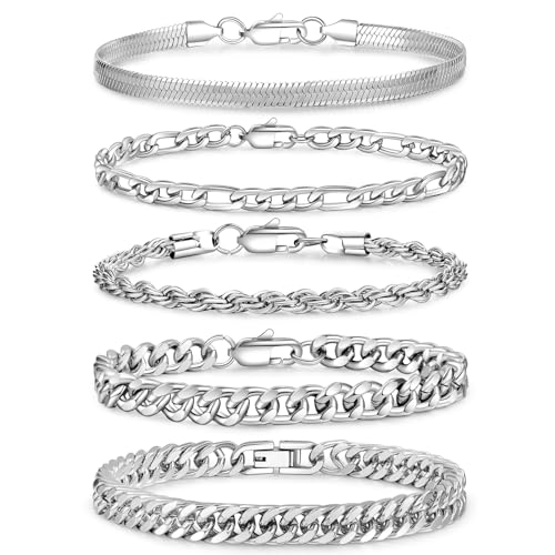 ABPBA - ABPBA 5 Pcs Stainless Steel Mens Chain Bracelet - Sturdy Curb Width Silver Rope Figaro Snake Cuban Link Chain Bracelet Set Stack Chain Bracelet for Men Women 6.5/7.5/8.3/9 Inches - -37%