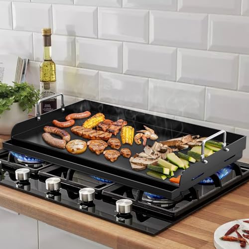Updated 25\" x 16\" Cast Iron Griddle for Gas Grill, Nonstick Nanoceramic Stove Top Griddle for Gas Stove, Pre-Seasoned Flat Top Plate Insert for Outdoor Gas Grill, Camping, Tailgating, Parties