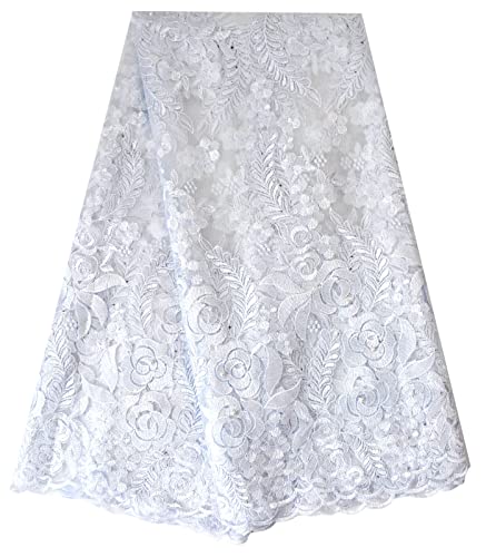 SanVera17 African Lace Net Fabrics Nigerian French Fabric Rope Embroidered and Manual Beading Guipure Cord Lace for Party Wedding 5 Yards (White)
