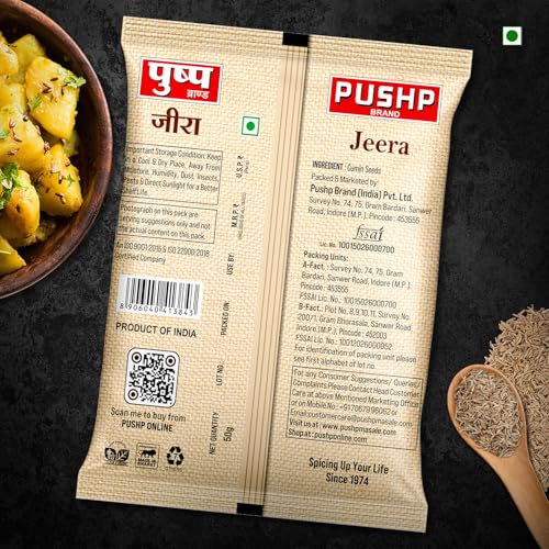 Image of Pushp Whole Jeera | 50g Pouch | Premium Cumin Seeds | Aromatic & Flavorful | Ideal for Cooking, Tadka, Seasoning (Pack of 8)