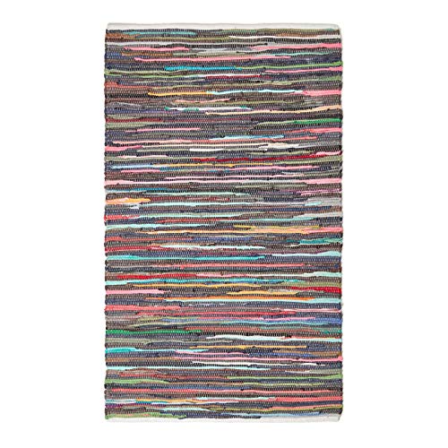 HOMESCAPES - 100% Recycled Cotton Chindi Rug - 120 x 180 cm - 4 ft x 6 ft - Multi Coloured Stripes on White Base - Image 3