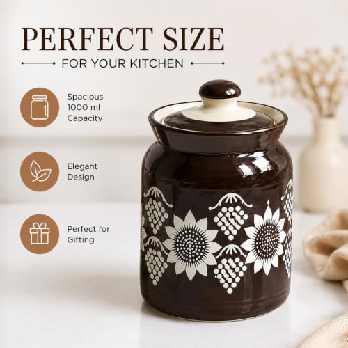 Image of D'Maiolica Ceramic Handmade Pickle Jars in 1000ml (set of 2) | Floral Bale 1 kg Achaar Martban | Ceramic Jadi for Kitchen Storage (Set of 2) | Jars for Achar, Spices, Salt (Black Sienna & Sunflowers)