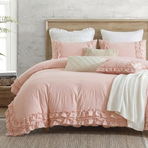 Pink Ruffled Duvet Cover Girls Coquette Bedding Set Cute Lace