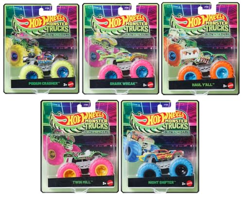 Hot Wheels Glow in The Dark 5-Pack (Podium Crasher, Shark Wreak, Haul Y'all, Twin Mill, Night Shifter)