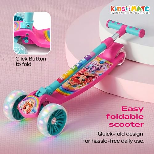 Image of Kidsmate Rider Pro Kick Scooter with Broad PU LED Wheels | 3-Wheel Skating Scooter for Boys & Girls of Ages 2-12 Years | Level Adjustable Height, and Easy Fold Design (Pink Sea Green)