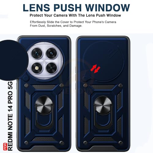 Image of Armor Bumper Back Cover Case for Redmi Note 14 Pro 5G | Rotating Camera Cover, Ring Holder & Kickstand | Heavy Duty & 360 Degree Protection Redmi Note 14 Pro 5G Back Cover (Blue)