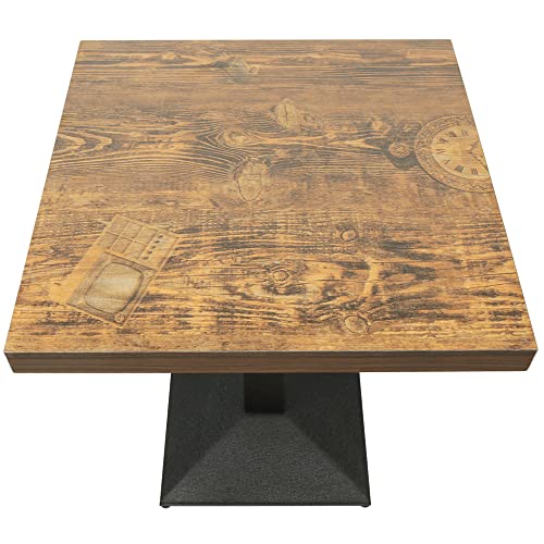 HUOLE Table de Bar Carrée Industriel Rétro avec Pied Central en Bois, Style Bistrot, Charge Maximale 120KG (60 x 60 x 75 cm, Horloge)