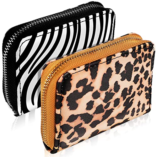2pcs Women Credit Cards Holder, PU Leather Cards Container, Cash Storage Pouch with Zipper, Credit Card Coin Wallet, Change Pouch for Women (Leopard Print and Zebra Print)