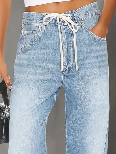 Flamingals Wide Leg Low Rise Casual Drawstring Cut Out Denim Jeans with Pockets3