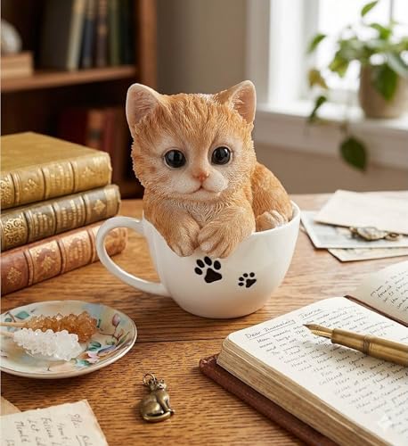 アニマルオブジェ オーナメント ガーデン 庭 雑貨 猫 動物 置物 13×14.6×12.8cm (キティ カップ) [3]