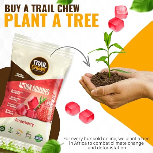 Image of Trail Chews - Strawberry Flavor - 4-in-1 Energy Gummies for Energy, Hydration, Immunity, and Recovery. 50mg Yerba Mate Caffeine, 403mg Essential Vitamins, and 1000mg BCAAs per Serving. Plant-Based & Gluten-Free. 12 Single-Serving Bags, 10 Gummies Each.