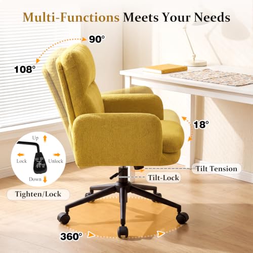 Image of Comfortable Ergonomic Office Chair, Upholstered Desk Chair with Double-Layer Cushioning, Adjustable Height Swivel Task Chair with Padded Armrests, Rolling Wheels and Metal Base, Yellow