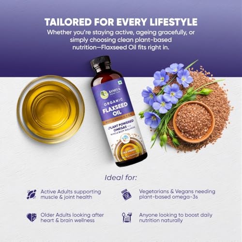 Image of Asmita Organic Farms Cold Pressed Flaxseed Oil, 500ml | Organic, Unrefined Flaxseed Oil for Cooking, Health, Skin, and Hair | Rich in Omega-3 & Antioxidants