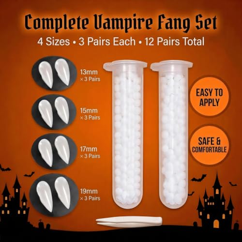 12 Pairs Halloween Vampire Teeth Fangs Fake Teeth with Adhesive Beads &Tweezers, 4 Sizes Reusable Vampire Teeth Halloween Costume Accessories Cosplay Horror Party Favors Masquerade - image 3