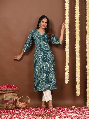 Image of Rimeline Women's Cotton Printed Kurta with Lace-Trim V-Neckline | Straight Fit Ethnic Wear for Festive, Casual & Office Use
