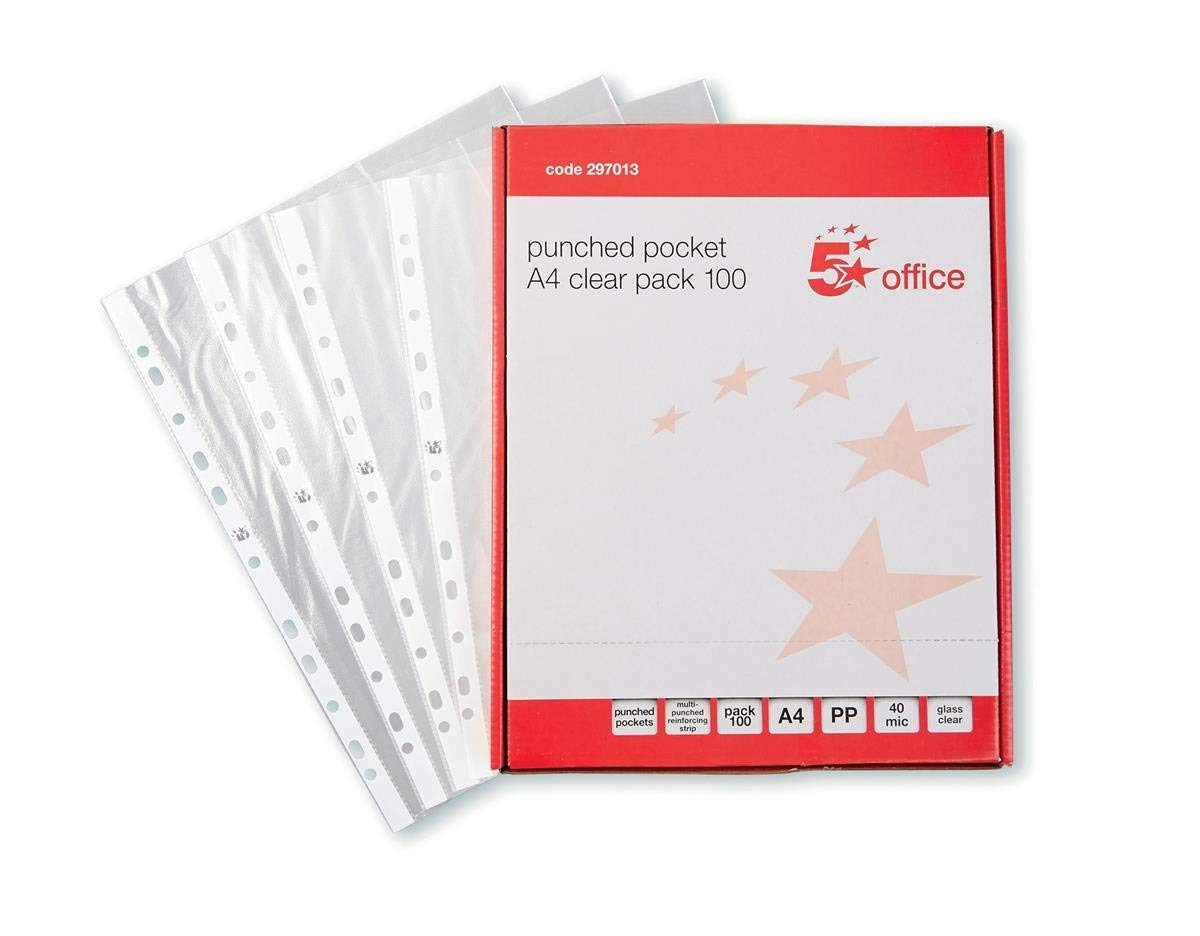 2 x 5 Star Office Punched Pocket Polypropylene Top-opening 50 Micron A4 Clear [Pack 100]