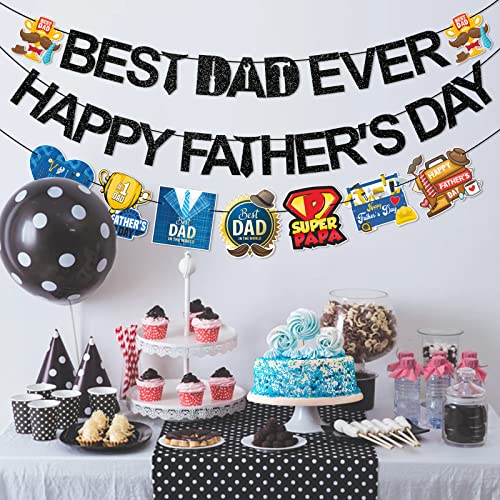 Image of Black Glitter Best Dad Ever Happy Father's Day Banner Fathers Day Decorations for Party Fathers Day Party Decorations Happy Fathers Day Banner Decorations Happy Fathers Day Decorations for Office Super Dad Decorations