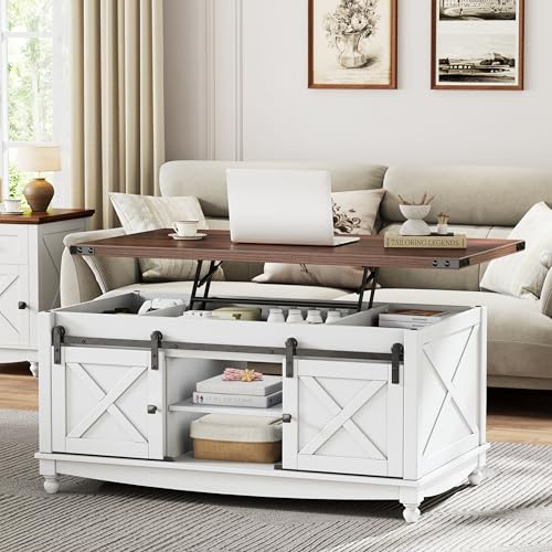 ALLSTAND 48' Farmhouse Lift Top Coffee Table with Storage Sliding Barn Door & Large Hidden...