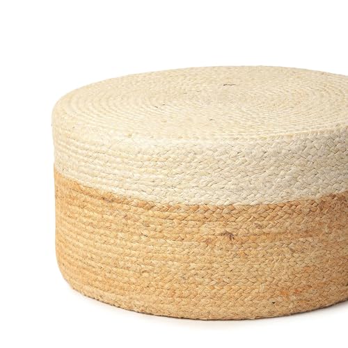 Image of Habere India-All the Cultures Fabricating India Ottomans for Living Room | pouffe Stool | Ottoman Stool | Jute pouffes for Sitting - White, Round (S: Dia45xH30 cm)