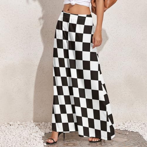 VOSERY Palazzo Pants for Women - Black and White Checkerboard Comfy Casual Womens Wide Leg Pants Baggy Lounge Pants2